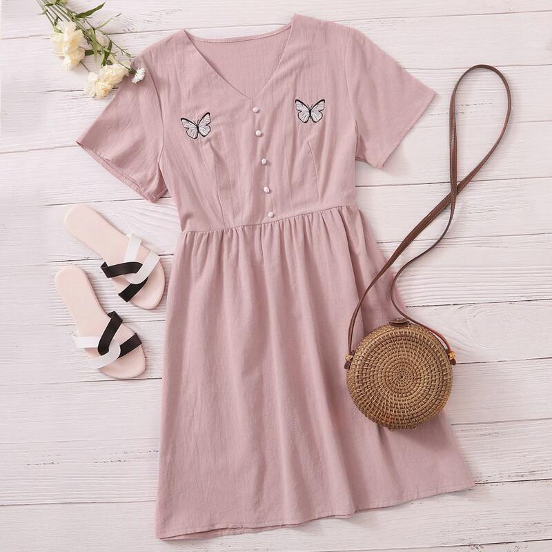 

Butterfly Embroidery Button Front Pink Dress