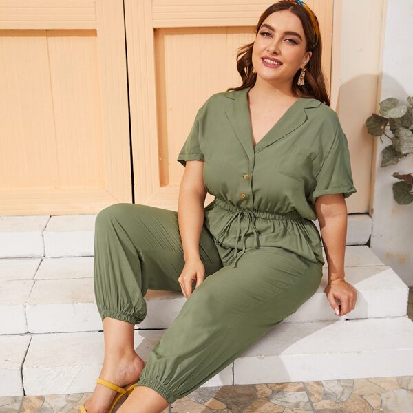 

Plus Drawstring Waist Roll Up Sleeve Shirt Jumpsuit, Green