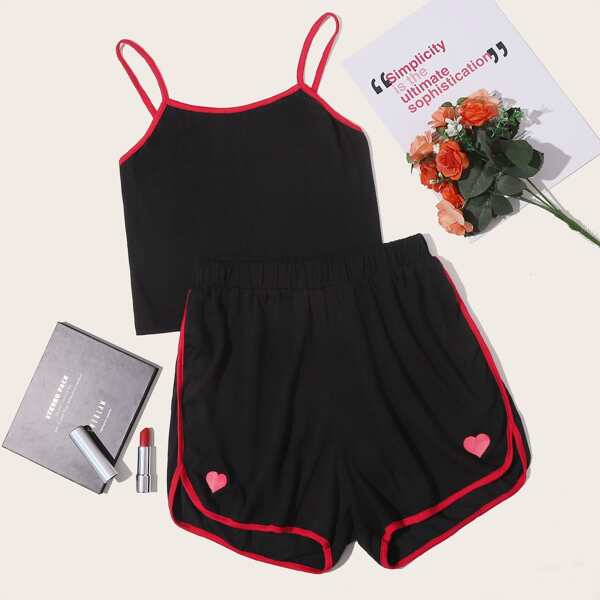 

Cami Top With Heart Print Contrast Binding Shorts, Black