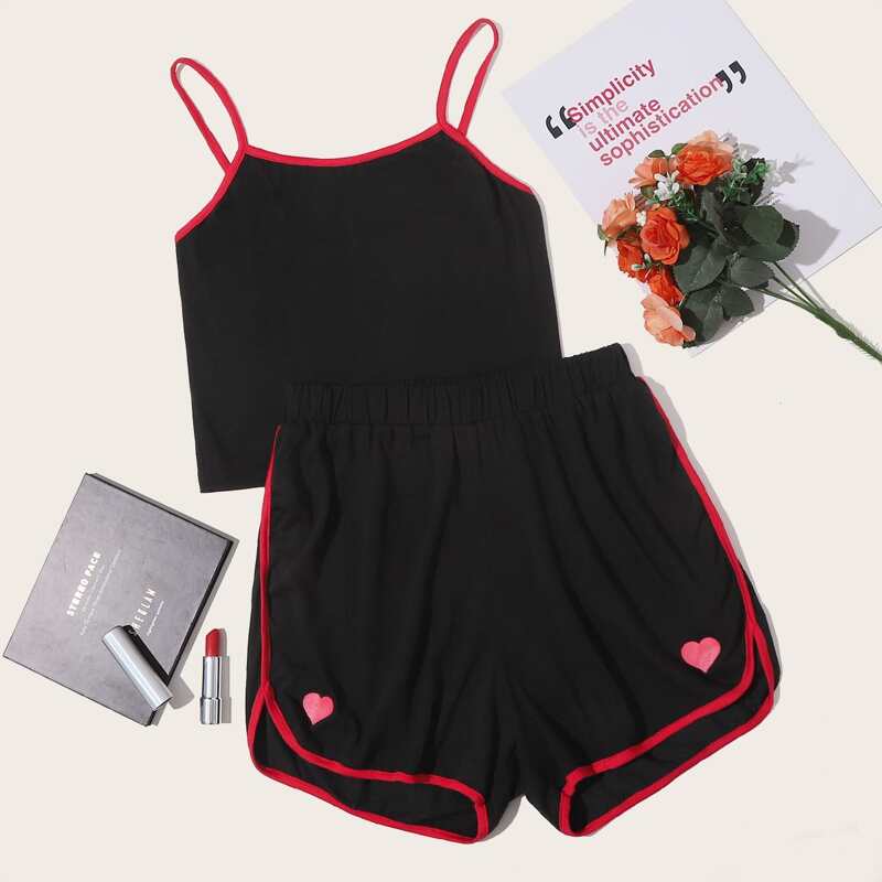

Cami Top With Heart Print Contrast Binding Shorts, Black
