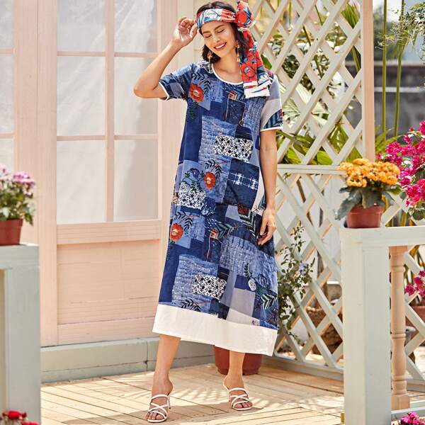 

Patchwork Floral Print Tunic Dress, Multicolor