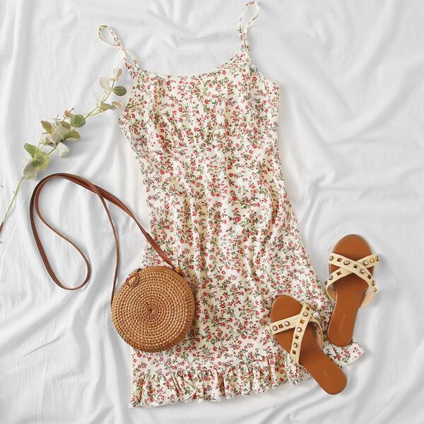 

Ruffle Hem Ditsy Floral Print Cami Dress, Multicolor