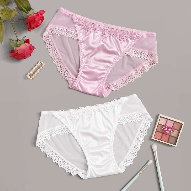 

2pack Lace Trim Satin Panty Set, Multicolor