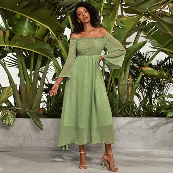 

Frill Trim Shirred Bardot Chiffon A-line Dress, Green