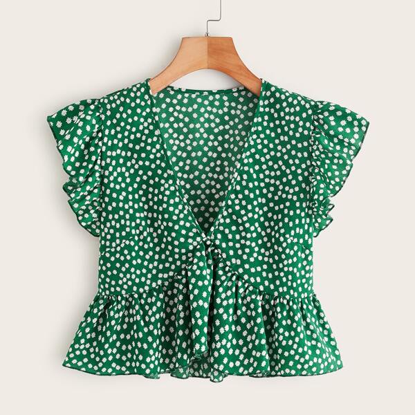 

Ditsy Floral Ruffle Trim Peplum Blouse, Green