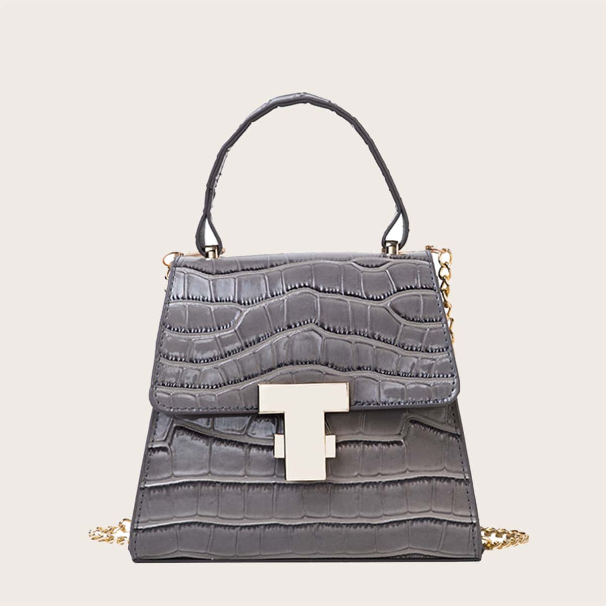 

Croc Embossed Flap Satchel Bag, Grey