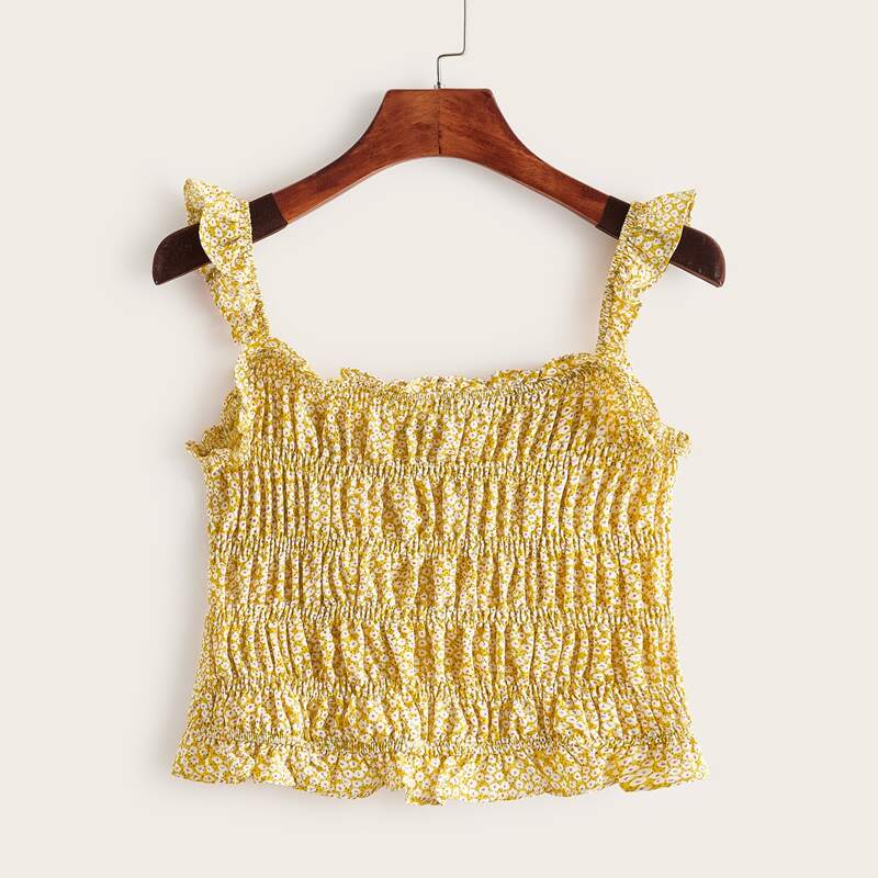 

Ditsy Floral Print Ruffle Trim Crinkle Top, Yellow