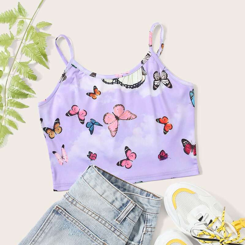 

Butterfly Print Crop Cami, Purple