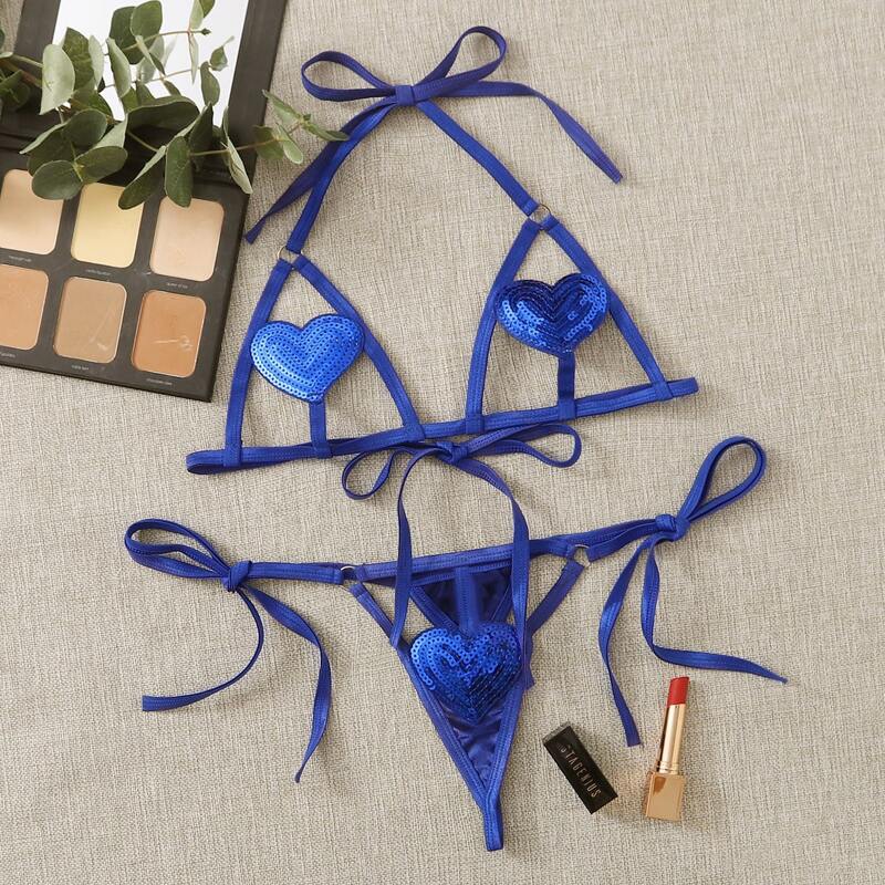 

Ring Sequin Heart Harness Lingerie Set, Blue