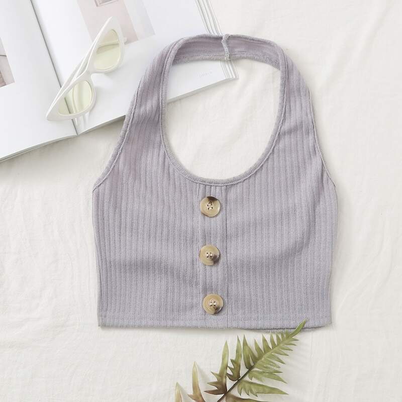

Button Front Crop Halter Top, Grey