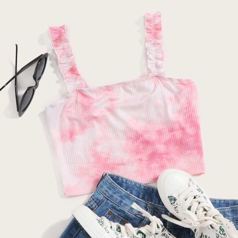 

Ruffle Strap Rib-knit Tie Dye Top, Multicolor