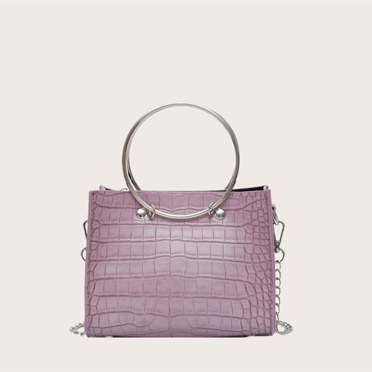 

Croc Embossed Satchel Bag With Ring Handle, Pink