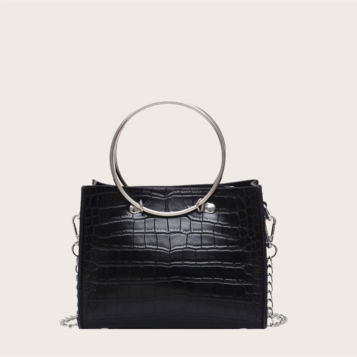 

Croc Embossed Satchel Bag With Ring Handle, Black