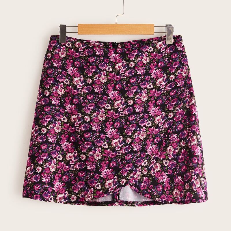 

Ditsy Floral Wrap Mini Skirt, Purple