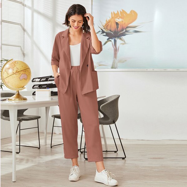 

Double Button Lapel Neck Solid Blazer & Pants, Pink
