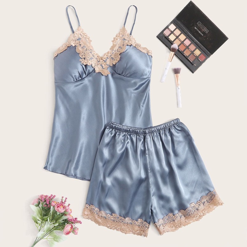 

Floral Applique Satin Cami PJ Set, Blue