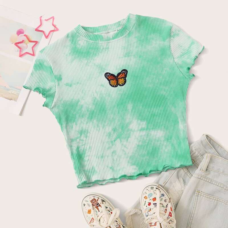 

Butterfly Embroidery Tie Dye Tee, Green