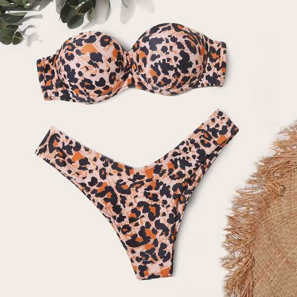 

Leopard Push Up Bandeau High Cut Bikini Swimsuit, Multicolor