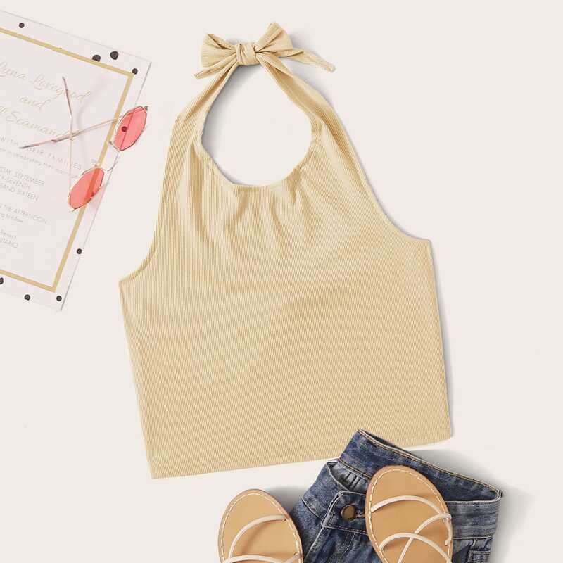

Solid Crop Halter Top, Beige
