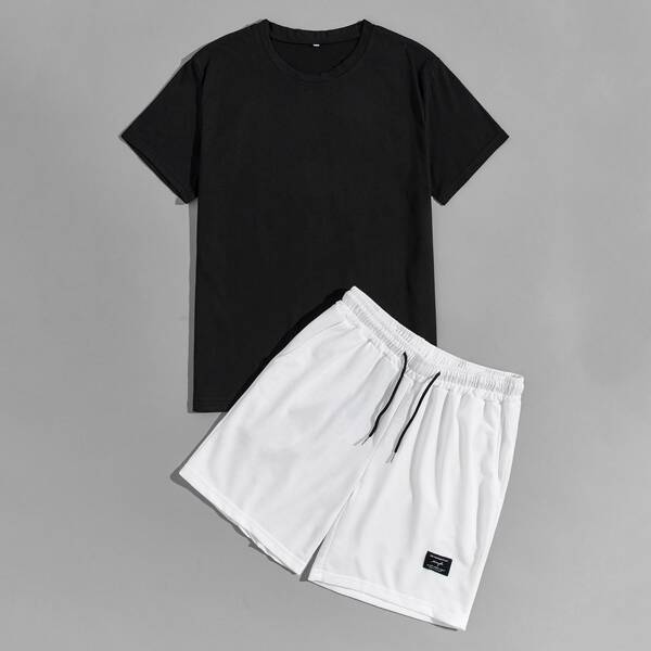 

Men Solid Short Sleeve Tee & Patched Drawstring Waist Track Shorts, Black and white