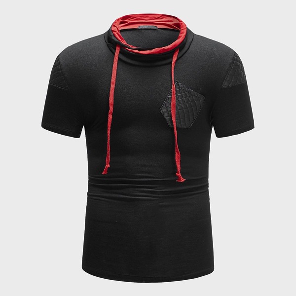 

Men Contrast Collar Pocket Patched Drawstring Tee, Black