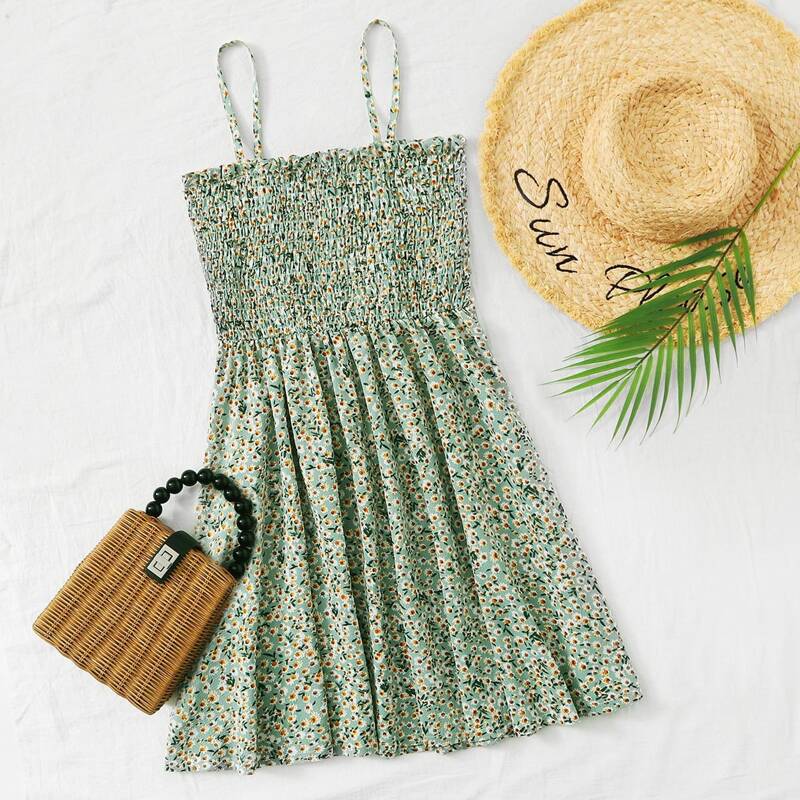 

Ditsy Floral Shirred Cami Dress, Green