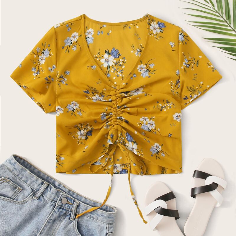 

Floral Drawstring Front Blouse, Yellow
