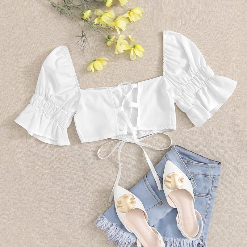 

Lace Up Front Crop Top, White