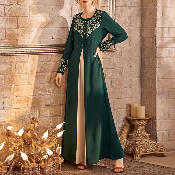 

Contrast Panel Plants Embroidery Maxi Dress, Green