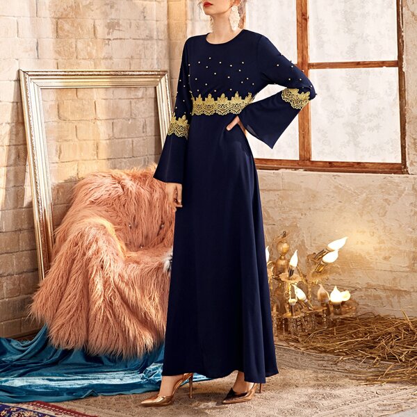 

Pearls Beaded Guipure Lace Panel Maxi Dress, Navy blue