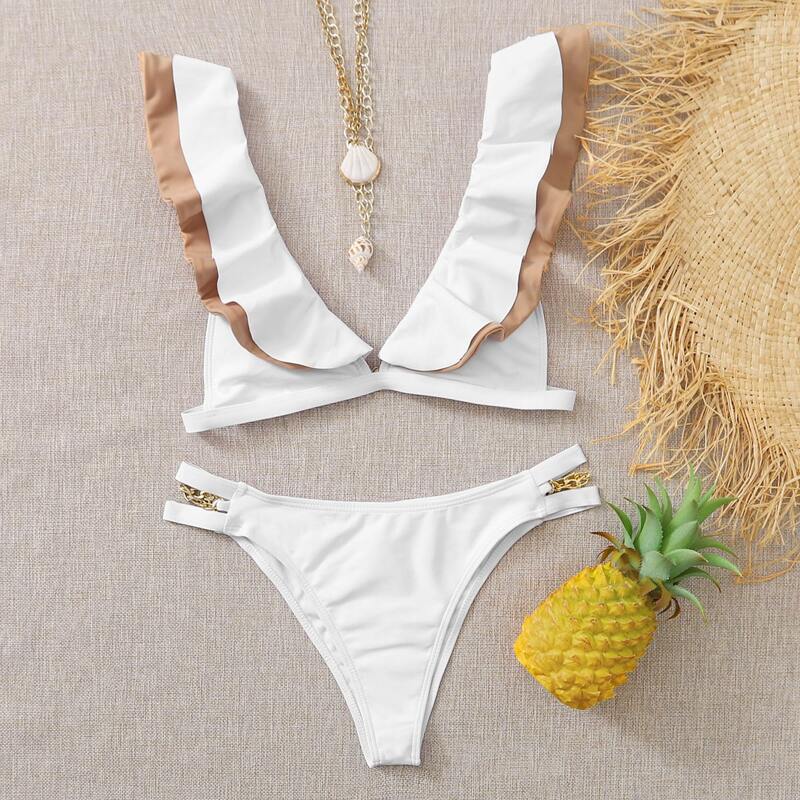 

Ruffle Trim Cheeky Bikini Swimsuit, White