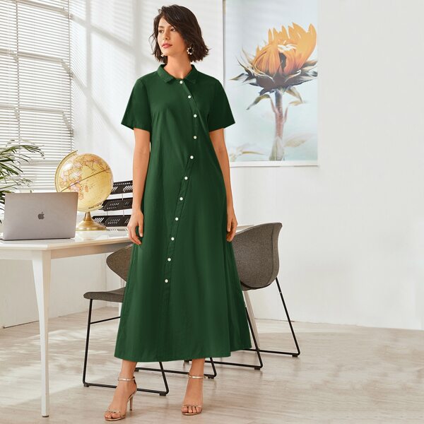 

Solid Button Front Shirt Dress, Green