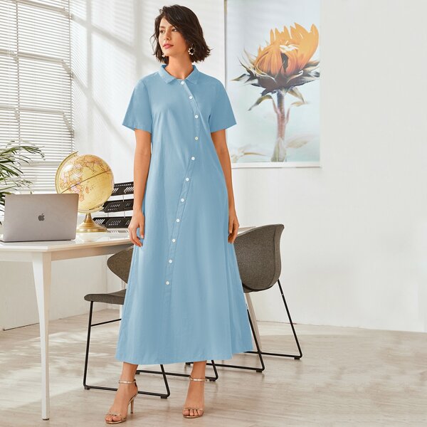 

Solid Button Front Shirt Dress, Blue pastel