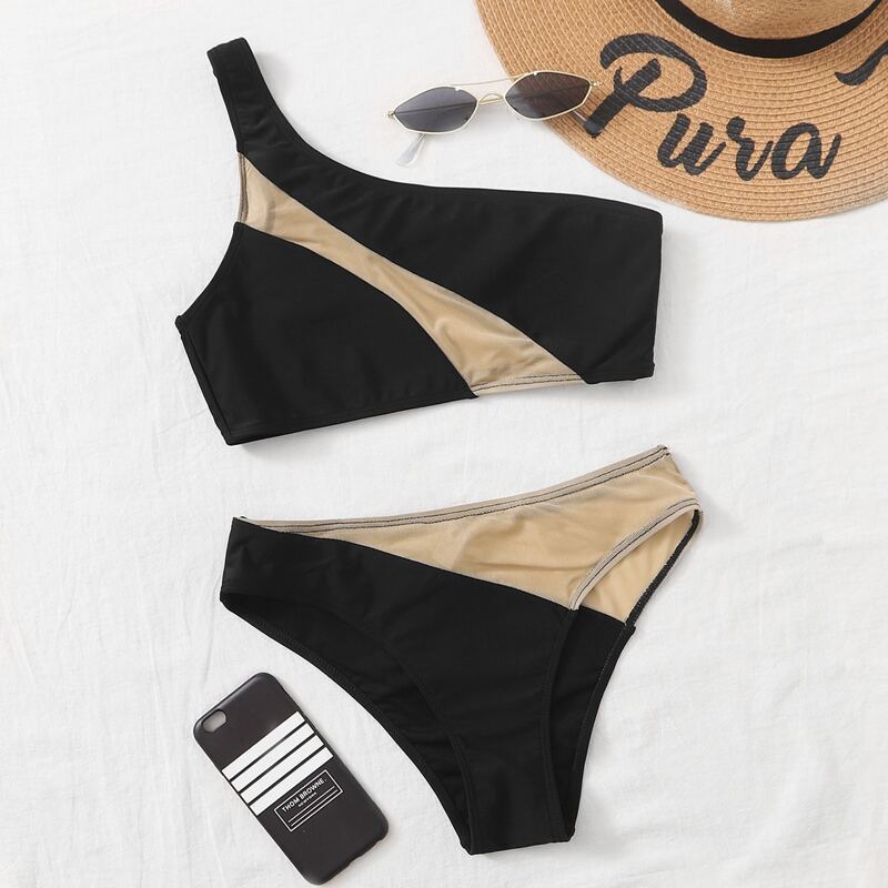 

Two Tone Contrast Mesh One Shoulder Bikini Swimsuit, Multicolor