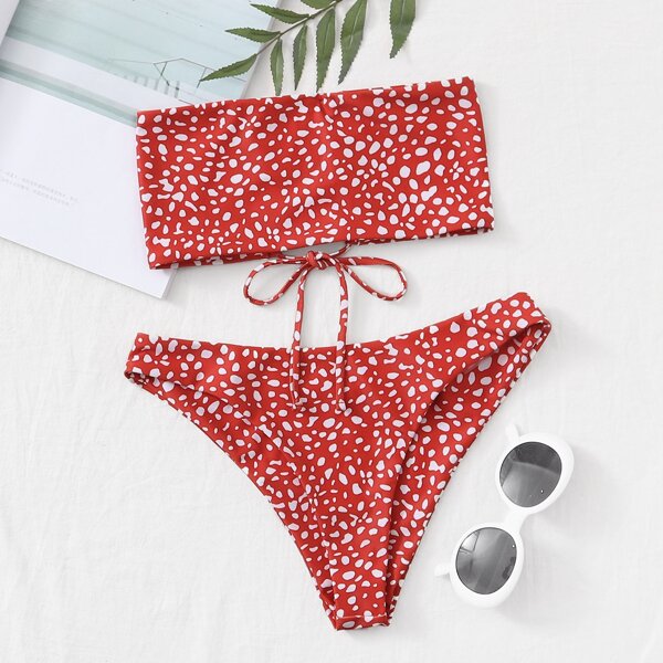 

Dalmatian Lace-up Back Bandeau Bikini Swimsuit, Red