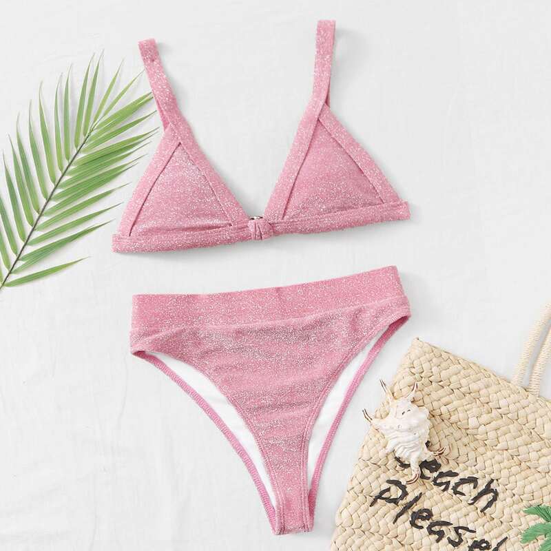

Glitter Triangle High Waisted Bikini Swimsuit, Pink