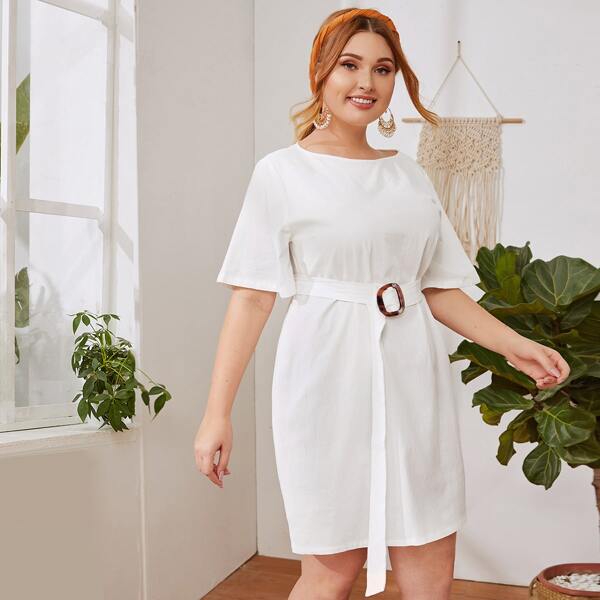 

Однотонное платье размера плюс с поясом, Белый