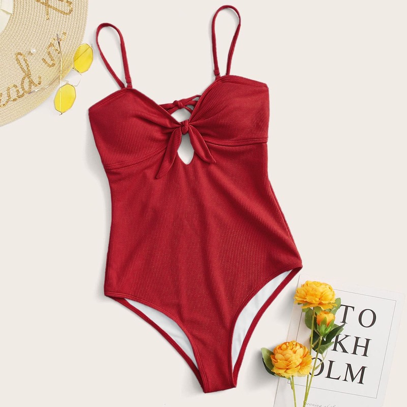 

Rib Knot Front One Piece Swimsuit, Red