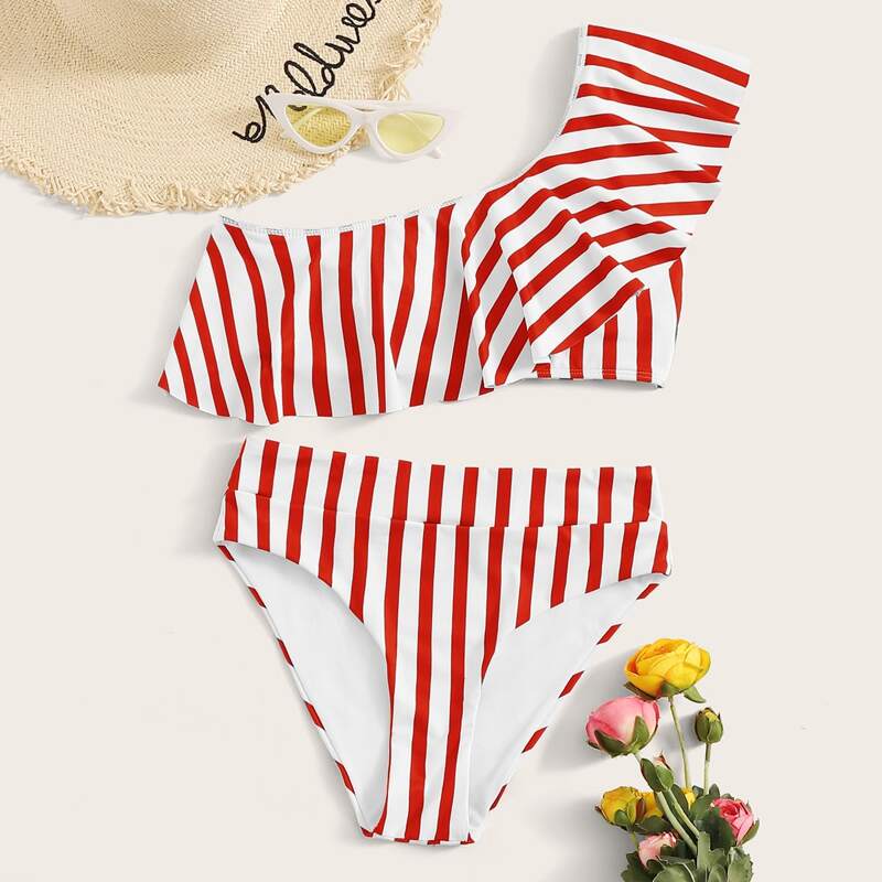 

Striped Flounce One Shoulder Bikini Swimsuit, Red