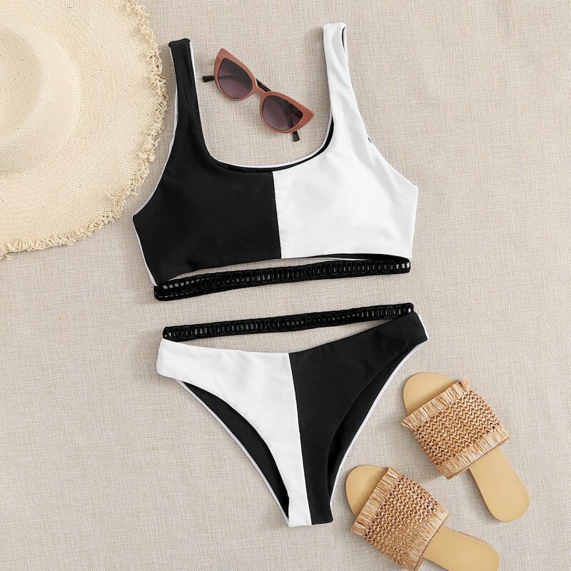 

Colorblock Contrast Strap Bikini Swimsuit, Black and white