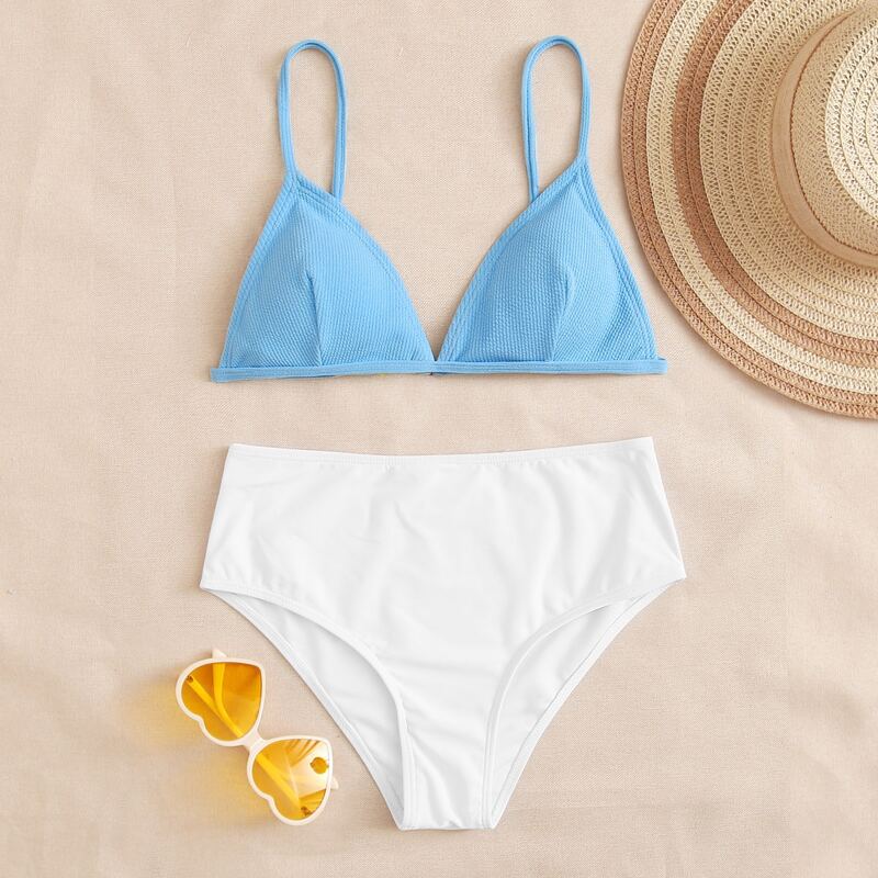 

Two Tone Triangle High Waist Bikini Swimsuit, Multicolor