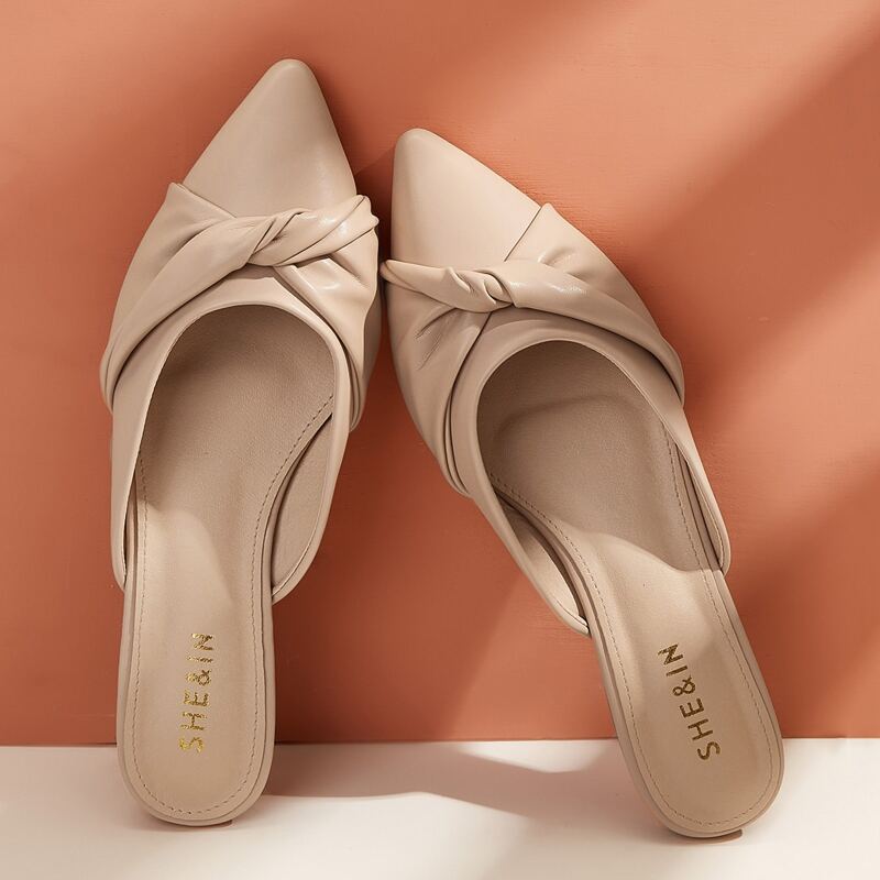 

Twist Detail Point Toe Flat Mules, Beige