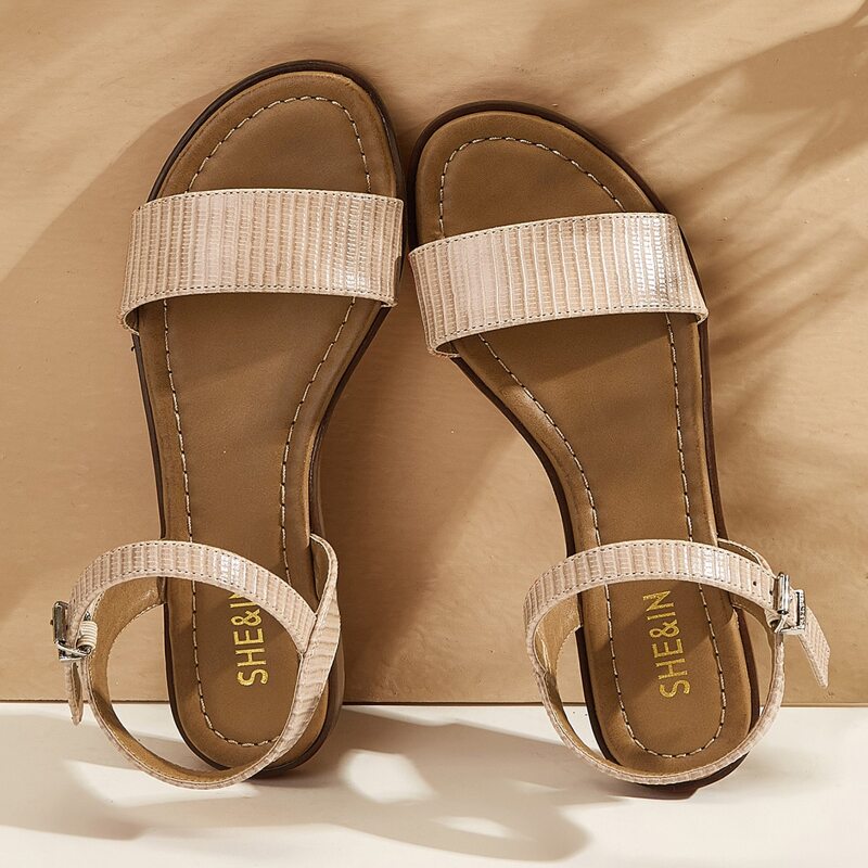

Lizard Embossed Ankle Strap Sandals, Beige