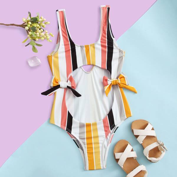 

Girls Striped Cut-out Front One Piece Swimsuit, Multicolor