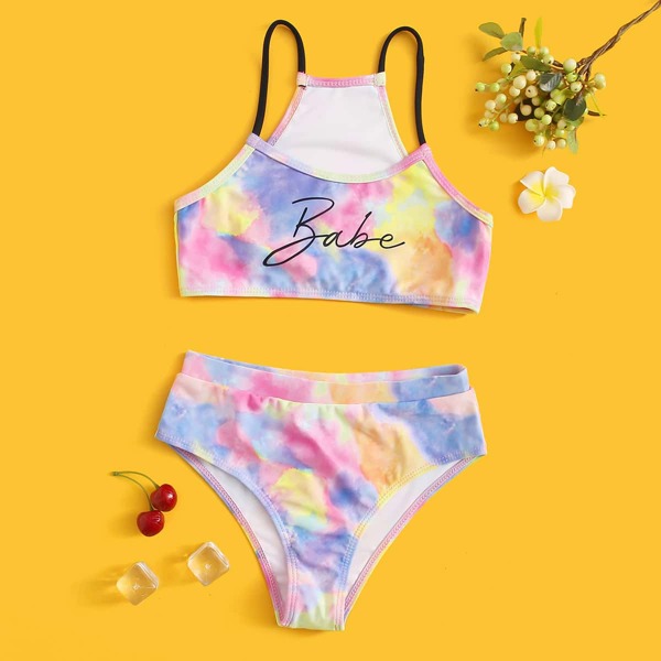

Girls Tie Dye Letter Graphic Bikini Swimsuit, Multicolor