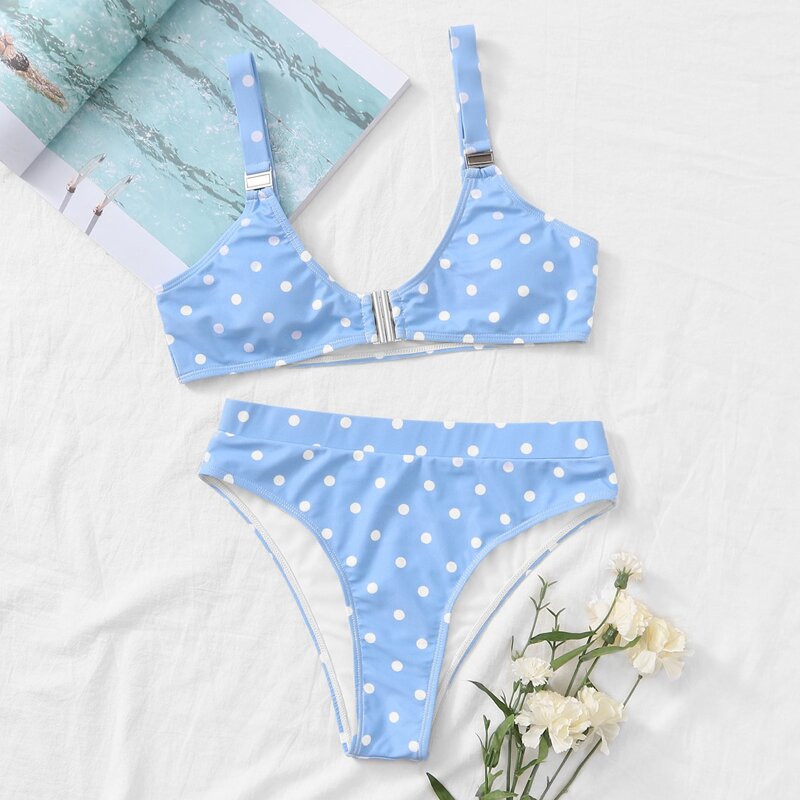 

Polka Dot High Leg Bikini Swimsuit, Blue