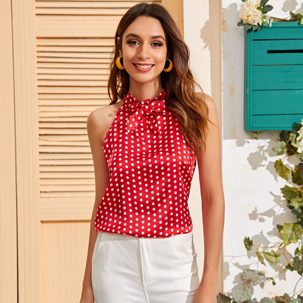 

Polka Dot Bow Front Halter Top, Red