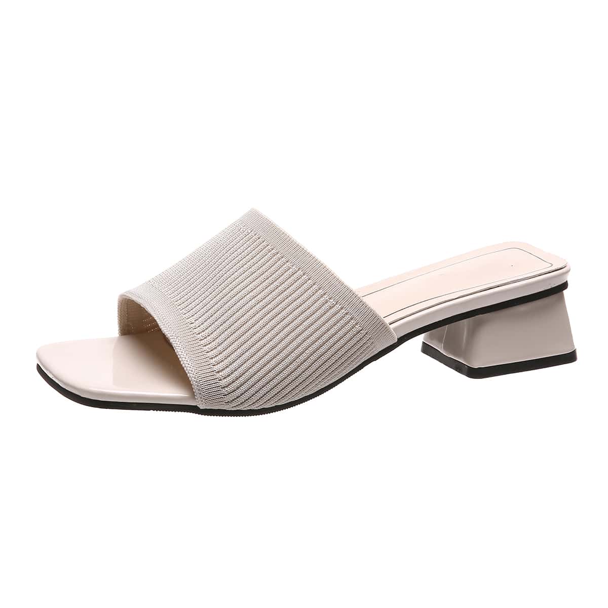 

Open Toe Knit Block Heeled Mules, Beige