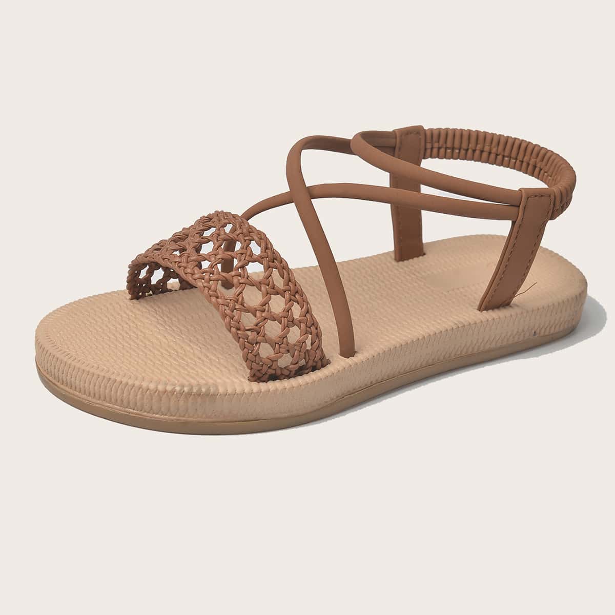 

Woven Decor Ankle Strap Sandals, Brown