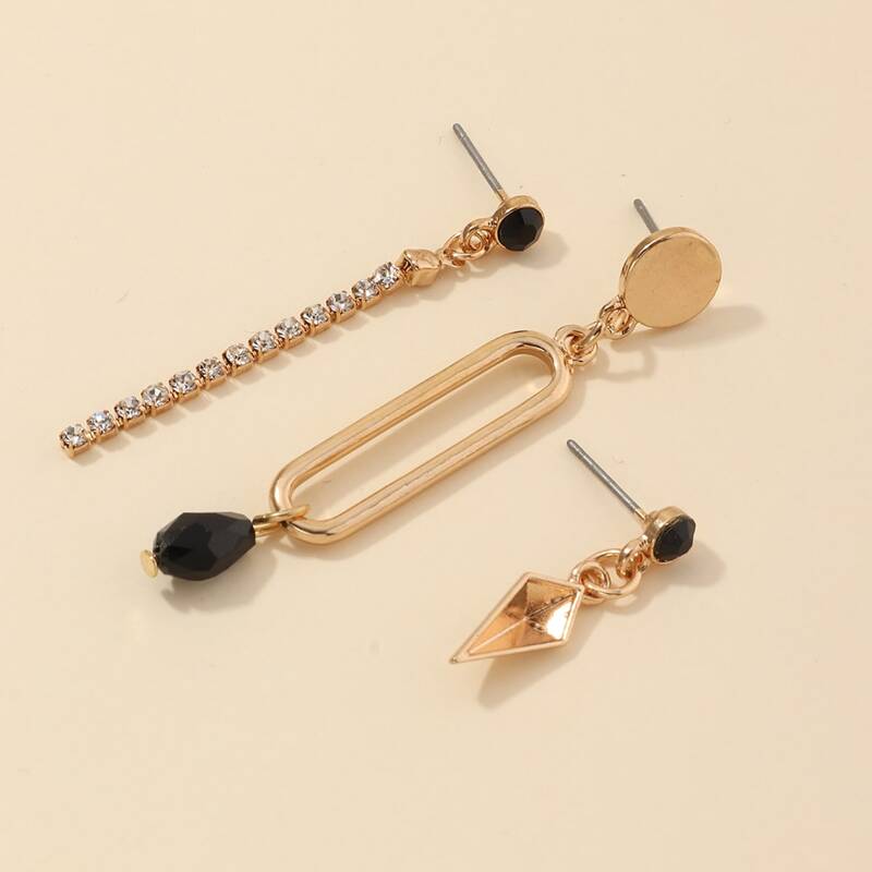 

3pcs Gemstone & Rhinestone Engraved Drop Earrings, Gold